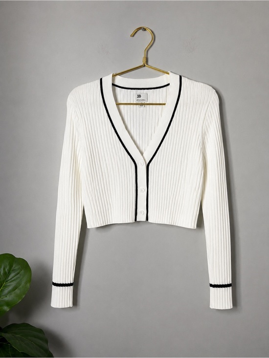 all in motion Sweaters - all in motion White Cropped Ribbed V-Neck Cardigan with Black Trim